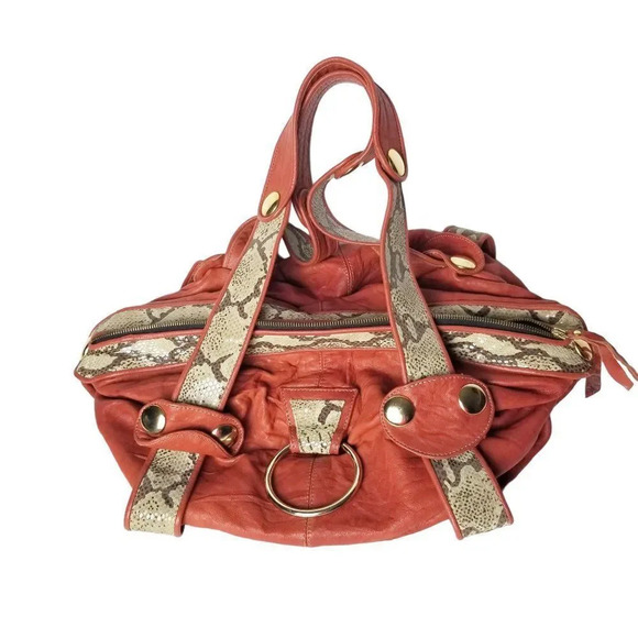 Gustto VTG Genuine Leather Gold‎ Accent Snakeskin Trim Shoulder Handbag - Picture 1 of 14